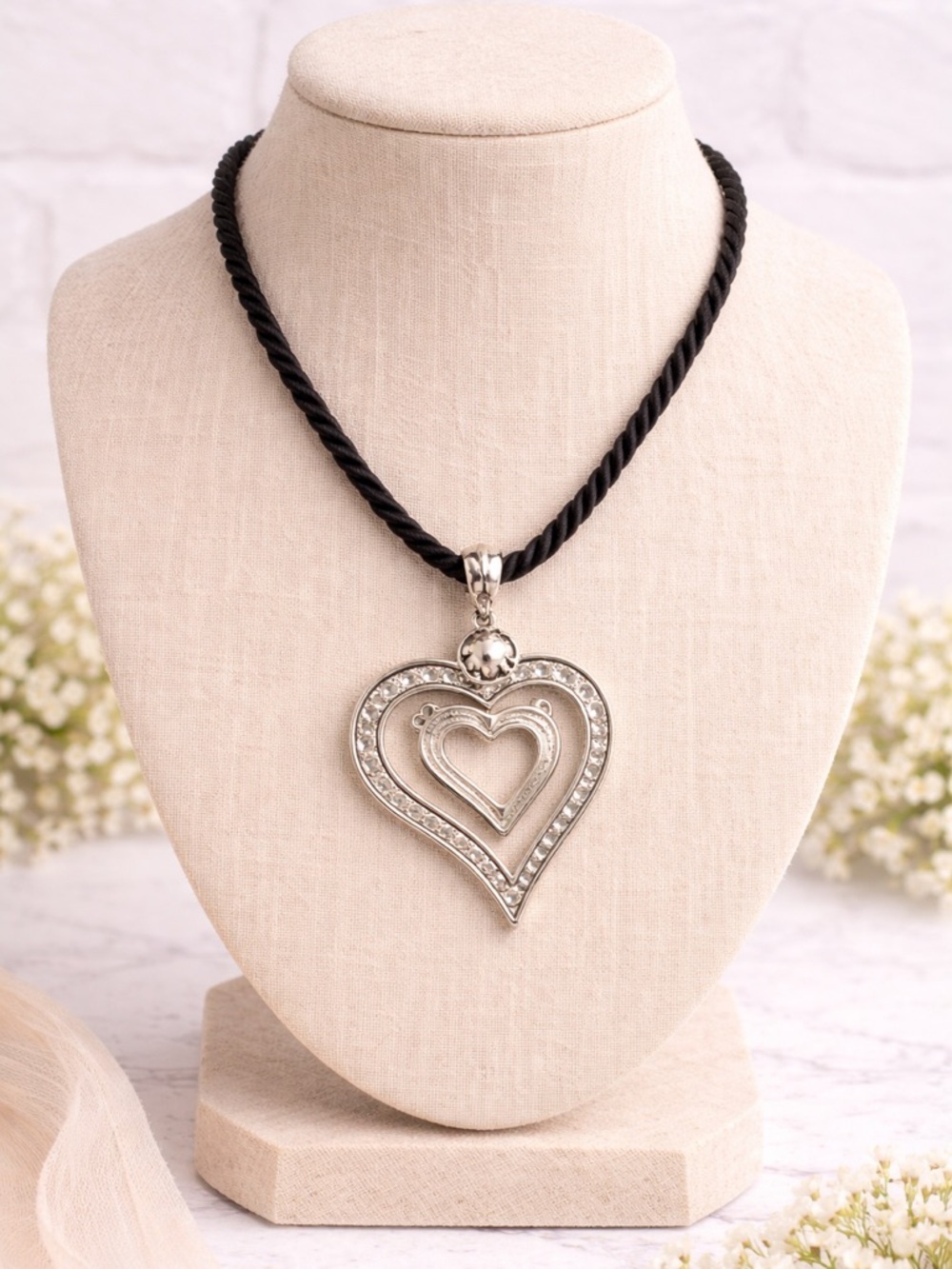 Lia Sophia For Keeps Heart Necklace Silver Black Cord